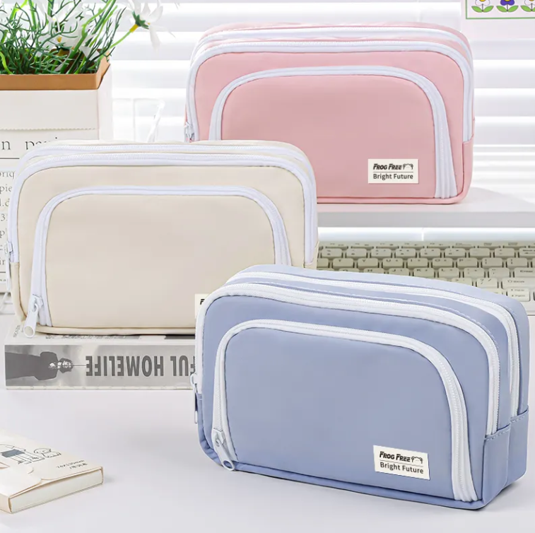 Creative three layers macaron color stationery school pencil case makeup cosmetic organizer bag travel toiletries storage