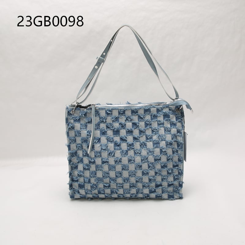 Cowboy fabric handbag blue checkerboard jean tote bag blue denim tassel square grid leisure bag for outside daily use