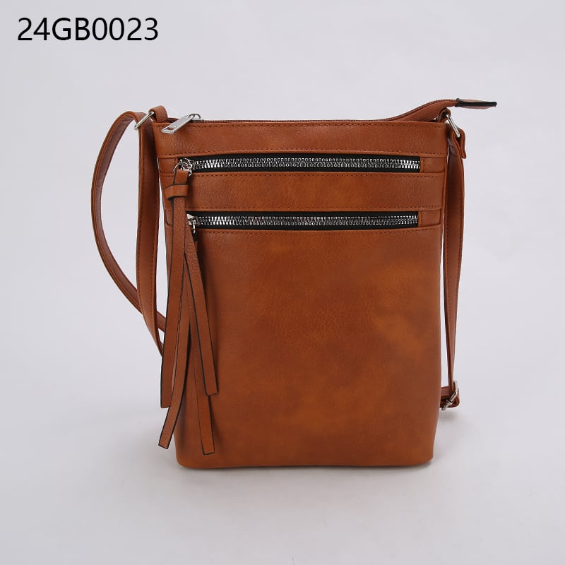 Brown faux leather shoulder bag with double zipper pocket