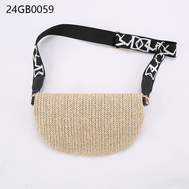 Designer women's summer fashion fanny pack beige straw woven waist bag with zipper closure cross-body bag and chest pouch