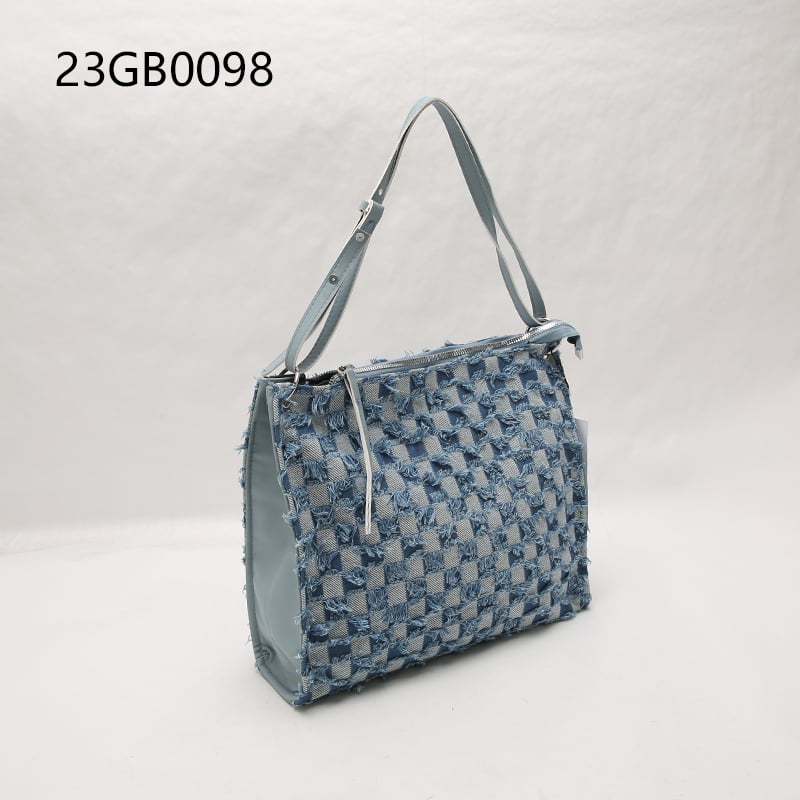 Cowboy fabric handbag blue checkerboard jean tote bag blue denim tassel square grid leisure bag for outside daily use