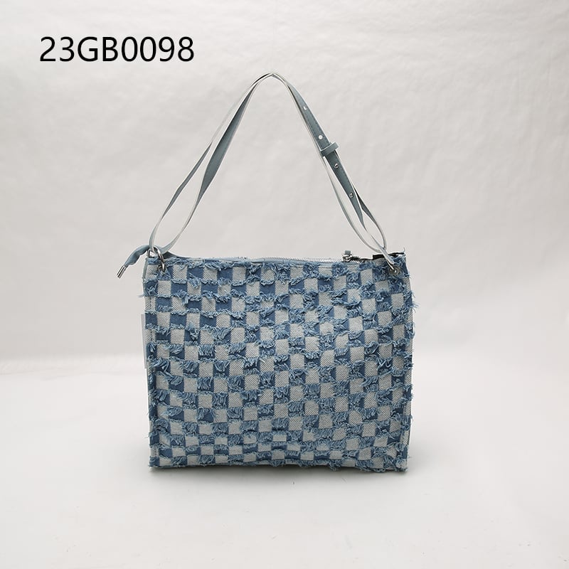 Cowboy fabric handbag blue checkerboard jean tote bag blue denim tassel square grid leisure bag for outside daily use