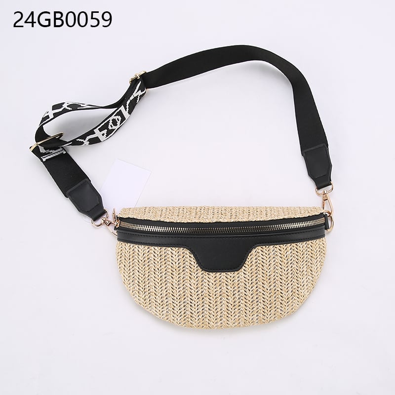 Designer women's summer fashion fanny pack beige straw woven waist bag with zipper closure cross-body bag and chest pouch